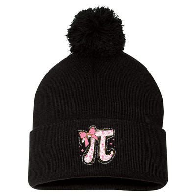 Pi Symbol Math Humor Mathematical Cute Pi Day Coquette Bow Pom Pom 12in Knit Beanie