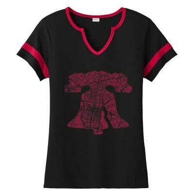 Philadelphia Street Map Liberty Bell Vintage Maroon Ladies Halftime Notch Neck Tee