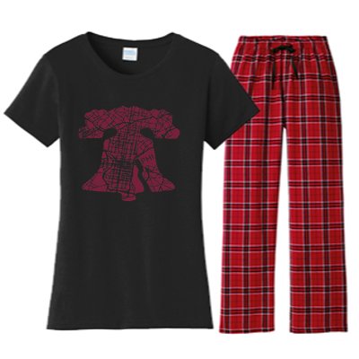 Philadelphia Street Map Liberty Bell Vintage Maroon Women's Flannel Pajama Set