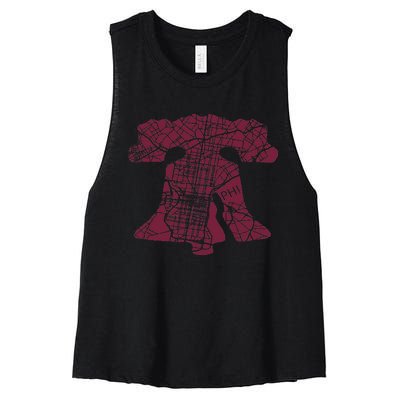 Philadelphia Street Map Liberty Bell Vintage Maroon Women's Racerback Cropped Tank