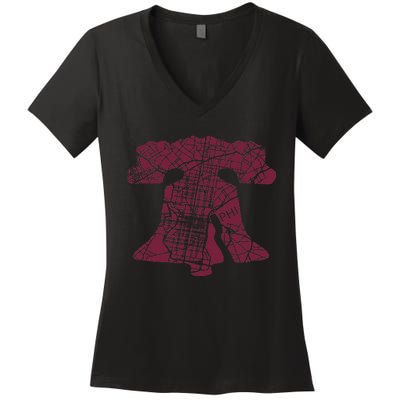 Philadelphia Street Map Liberty Bell Vintage Maroon Women's V-Neck T-Shirt