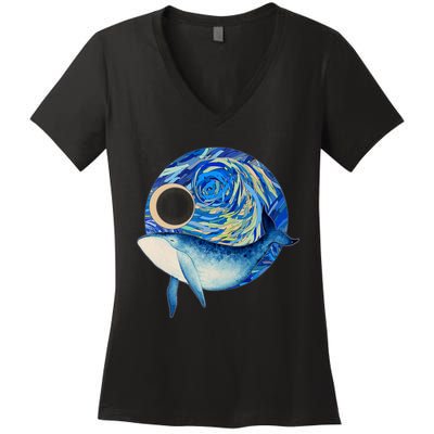 Painted Starry Night Whale Women's V-Neck T-Shirt