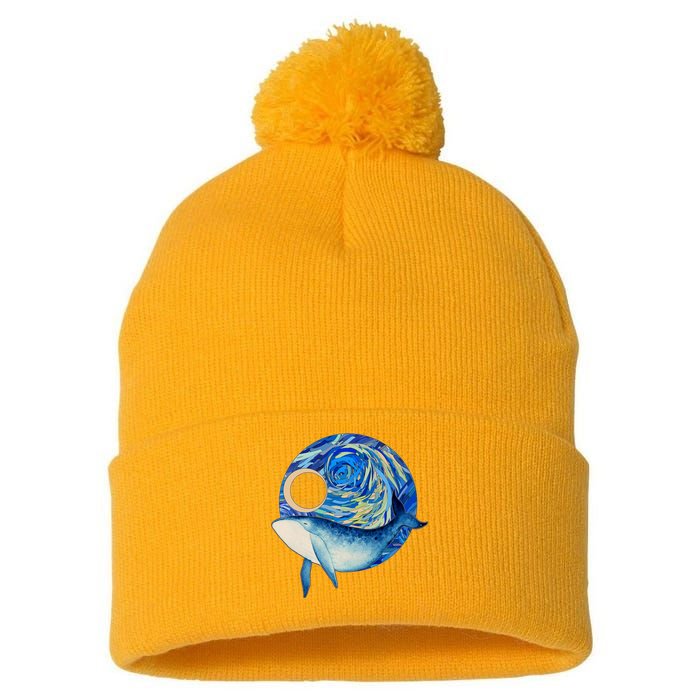 Painted Starry Night Whale Pom Pom 12in Knit Beanie