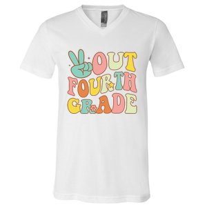 Peace Sign Out Fourth Grade Groovy Last Day School 4th Grade  V-Neck T-Shirt