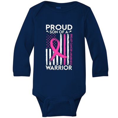 Proud Son Of A Breast Cancer Warrior Awareness Baby Long Sleeve Bodysuit