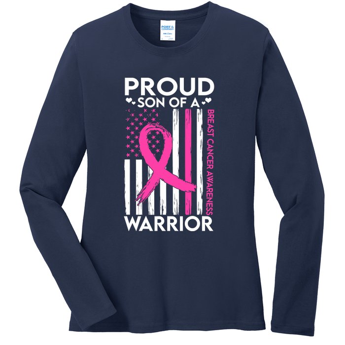 Proud Son Of A Breast Cancer Warrior Awareness Ladies Long Sleeve Shirt