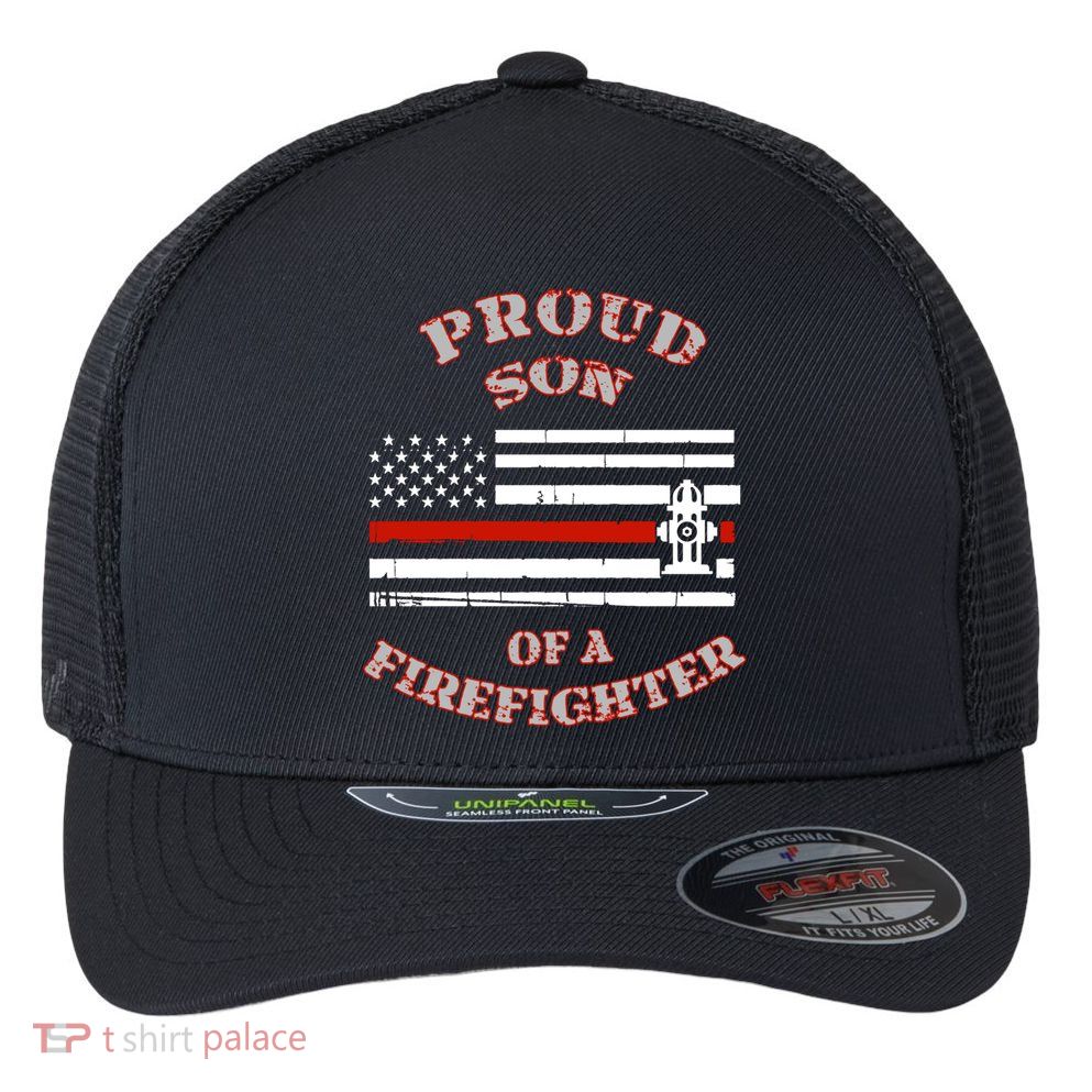 Proud Son Of A Volunteer Firefighter Gift Flexfit Unipanel Trucker Cap