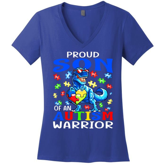 Proud Son Of An Autism Warrior Dinosaur Great Gift Women's V-Neck T-Shirt