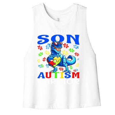 Proud Son Of An Autism Warrior Dinosaur Great Gift Women's Racerback Cropped Tank