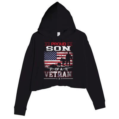 Proud Son Of A Veteran Vintage Flag Military Veterans Day Meaningful Gift Crop Fleece Hoodie