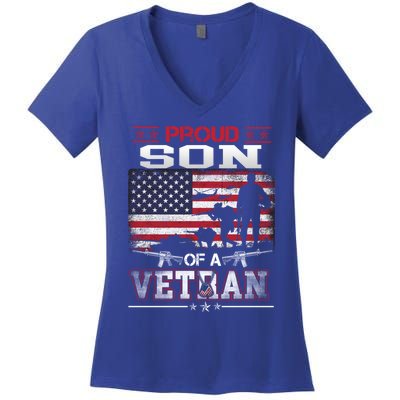 Proud Son Of A Veteran Vintage Flag Military Veterans Day Meaningful Gift Women's V-Neck T-Shirt