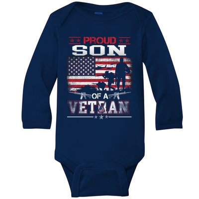 Proud Son Of A Veteran Vintage Flag Military Veterans Day Meaningful Gift Baby Long Sleeve Bodysuit