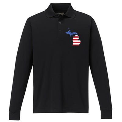 Patriotic State Of Michigan Usa Flag Performance Long Sleeve Polo