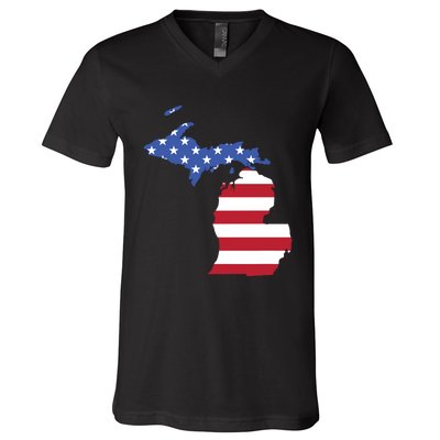 Patriotic State Of Michigan Usa Flag V-Neck T-Shirt