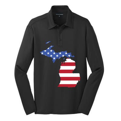 Patriotic State Of Michigan Usa Flag Silk Touch Performance Long Sleeve Polo