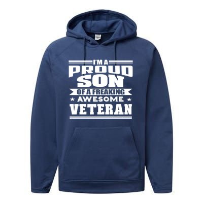 Proud Son Of A Freaking Awesome Veteran Funny Gift Performance Fleece Hoodie