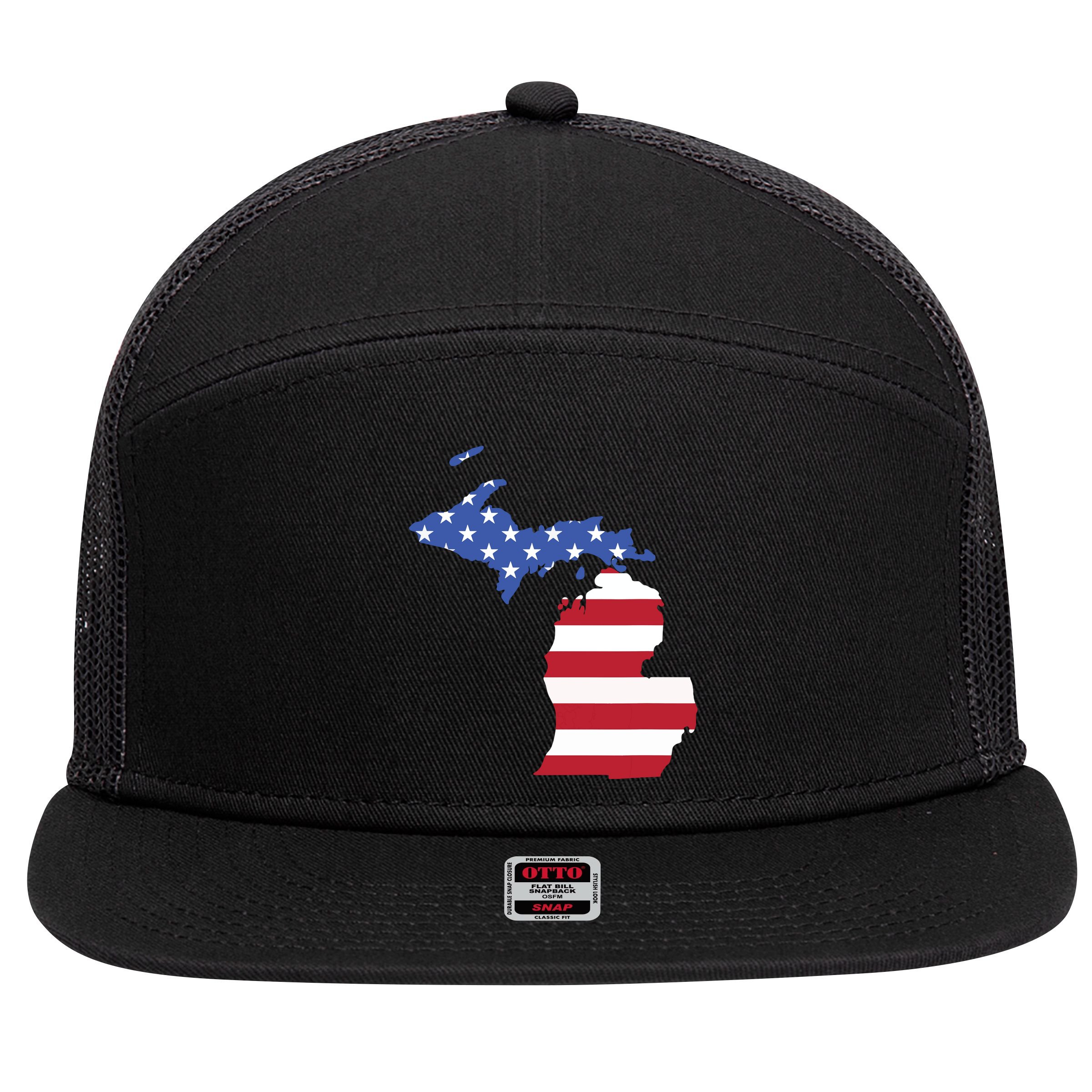 Patriotic State Of Michigan Usa Flag 7 Panel Mesh Trucker Snapback Hat