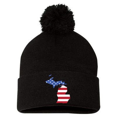 Patriotic State Of Michigan Usa Flag Pom Pom 12in Knit Beanie
