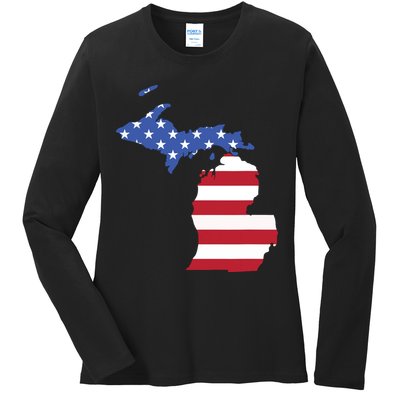 Patriotic State Of Michigan Usa Flag Ladies Long Sleeve Shirt
