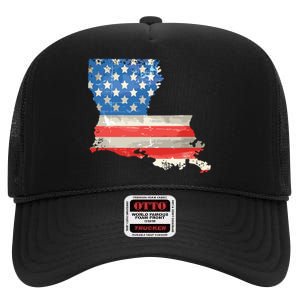 Patriotic State Of Louisiana Usa Flag High Crown Mesh Back Trucker Hat