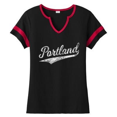 Portland State Of Oregon Baseball Script Flag Swoosh Ladies Halftime Notch Neck Tee