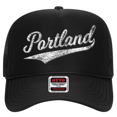 Portland State Of Oregon Baseball Script Flag Swoosh High Crown Mesh Back Trucker Hat