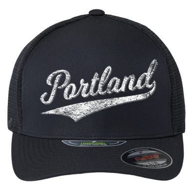 Portland State Of Oregon Baseball Script Flag Swoosh Flexfit Unipanel Trucker Cap