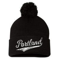 Portland State Of Oregon Baseball Script Flag Swoosh Pom Pom 12in Knit Beanie