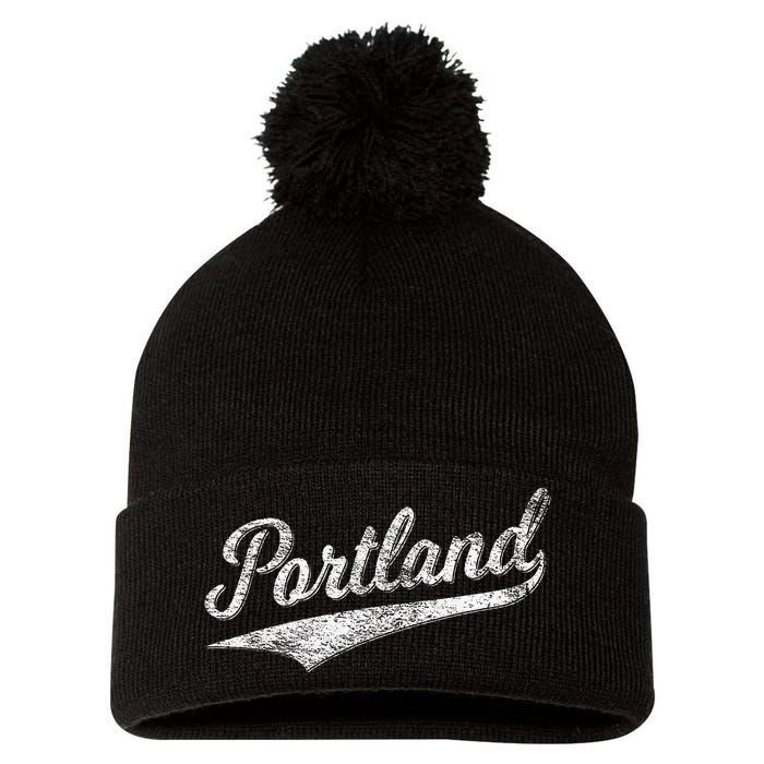 Portland State Of Oregon Baseball Script Flag Swoosh Pom Pom 12in Knit Beanie