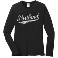 Portland State Of Oregon Baseball Script Flag Swoosh Ladies Long Sleeve Shirt