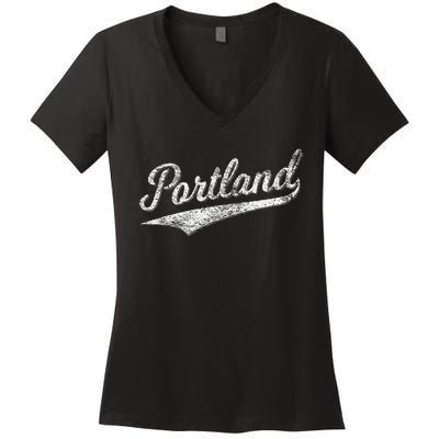 Portland State Of Oregon Baseball Script Flag Swoosh Women's V-Neck T-Shirt