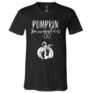 Pumpkin Smuggler Pregnant Mom Fall Announcement V-Neck T-Shirt