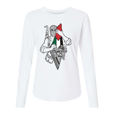 Palestine Soldier Palestine Map Womens Cotton Relaxed Long Sleeve T-Shirt