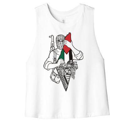 Palestine Soldier Palestine Map Women's Racerback Cropped Tank