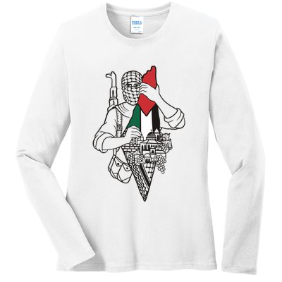 Palestine Soldier Palestine Map Ladies Long Sleeve Shirt