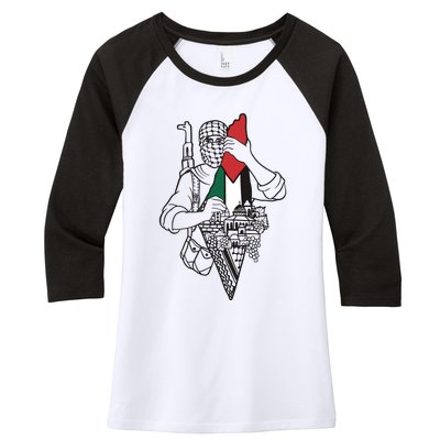 Palestine Soldier Palestine Map Women's Tri-Blend 3/4-Sleeve Raglan Shirt