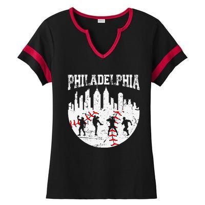 Philadelphia Skyline P.H.I.L.L.Y Cityscape Baseball Fans Ladies Halftime Notch Neck Tee