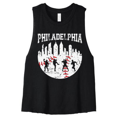 Philadelphia Skyline P.H.I.L.L.Y Cityscape Baseball Fans Women's Racerback Cropped Tank