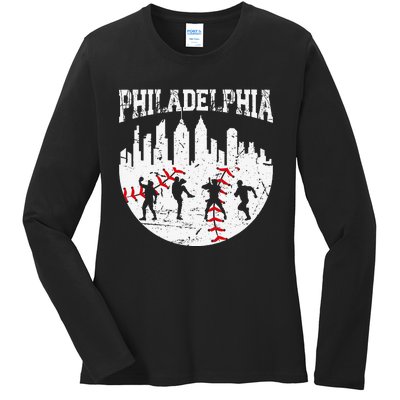 Philadelphia Skyline P.H.I.L.L.Y Cityscape Baseball Fans Ladies Long Sleeve Shirt