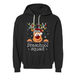 Preschool Squad Plaid Reindeer Santa Hat Teacher Christmas Garment-Dyed Fleece Hoodie