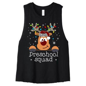 Preschool Squad Plaid Reindeer Santa Hat Teacher Christmas Women's Racerback Cropped Tank