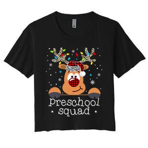 Preschool Squad Plaid Reindeer Santa Hat Teacher Christmas Women's Crop Top Tee