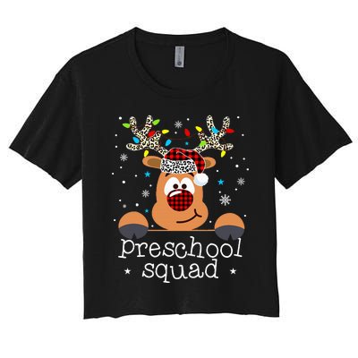 Preschool Squad Plaid Reindeer Santa Hat Teacher Christmas Women's Crop Top Tee