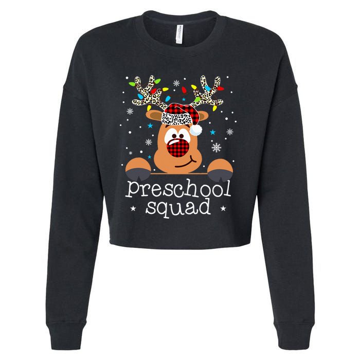 Preschool Squad Plaid Reindeer Santa Hat Teacher Christmas Cropped Pullover Crew