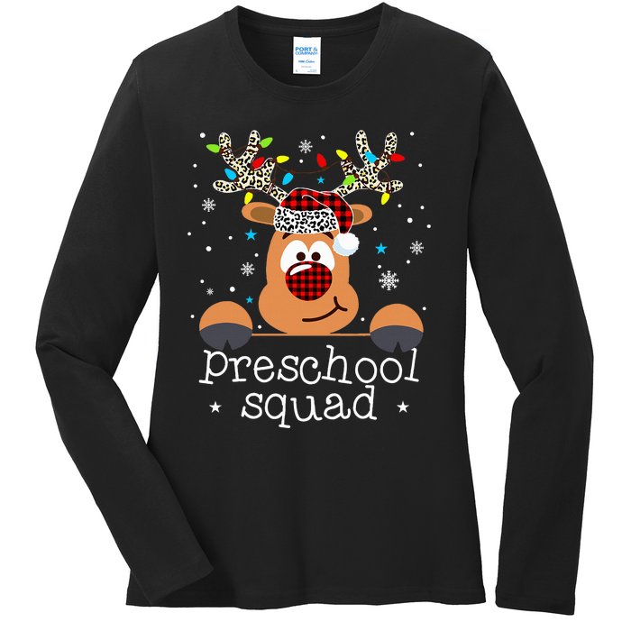 Preschool Squad Plaid Reindeer Santa Hat Teacher Christmas Ladies Long Sleeve Shirt