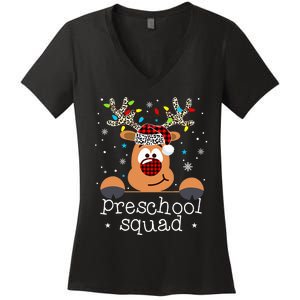 Preschool Squad Plaid Reindeer Santa Hat Teacher Christmas Women's V-Neck T-Shirt