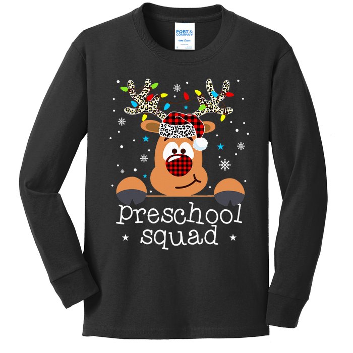 Preschool Squad Plaid Reindeer Santa Hat Teacher Christmas Kids Long Sleeve Shirt