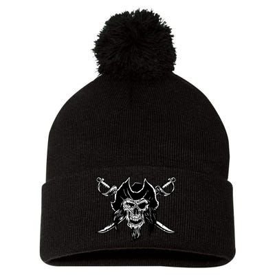 Pirate Skull Pom Pom 12in Knit Beanie