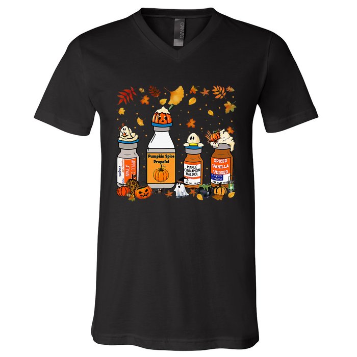 Pumpkin Spice Propofol Ativan Versed Haldol Halloween Nurse V-Neck T-Shirt