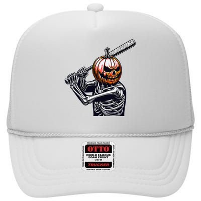 Pumpkin Skeleton Playing Baseball Player Halloween High Crown Mesh Back Trucker Hat